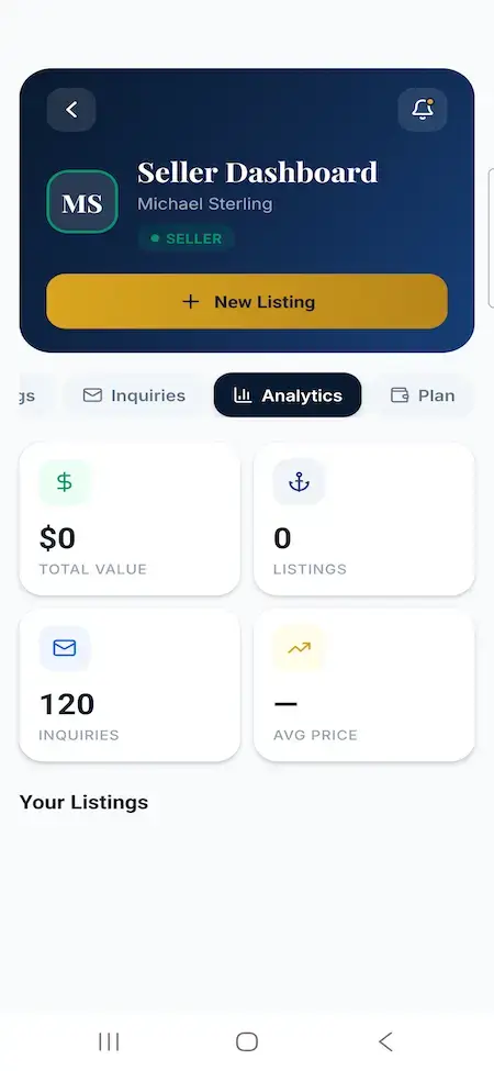 White Label Yacht Marketplace 30 YachtWorld clone seller mobile analytics showing listing views, inquiries and performance metrics