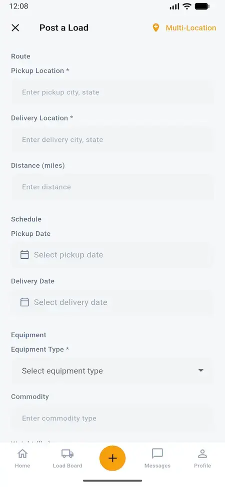 White Label Load Board Software 41 DAT load board broker mobile form for route, dates, equipment, weight, and rate