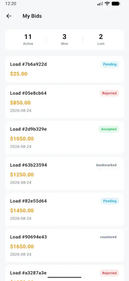 White Label Load Board Software 31 DAT load board carrier mobile bid list with pending, accepted, rejected, and countered statuses