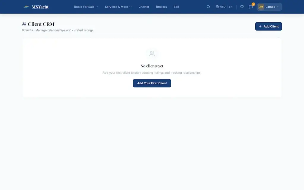 White Label Yacht Marketplace 64 YachtWorld clone dealer client CRM empty state with an add client action