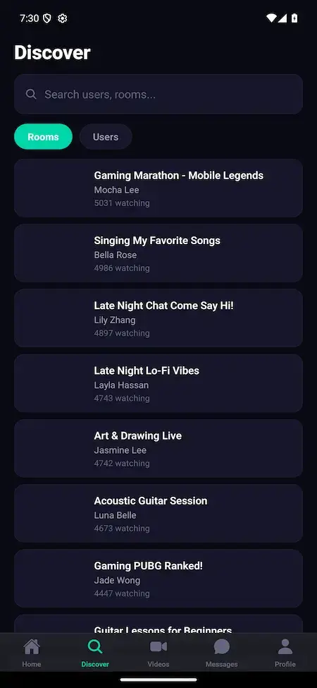 White Label Live Streaming App 21 Bigo Live clone mobile discover page with gaming, singing, lifestyle, art, and public live categories