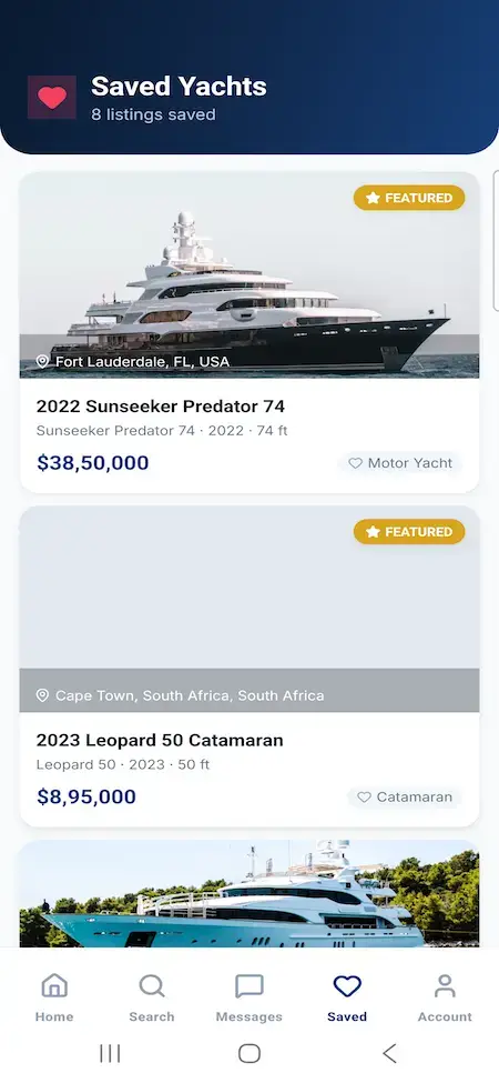 White Label Yacht Marketplace 20 YachtWorld clone buyer mobile saved yachts screen with bookmarked vessel cards