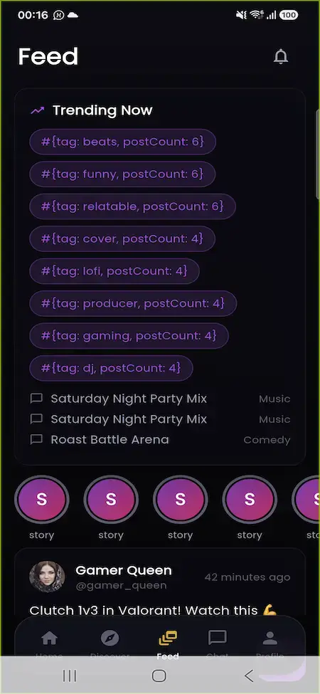 ChillChat mobile feed with trending topics, live rooms, and member activity