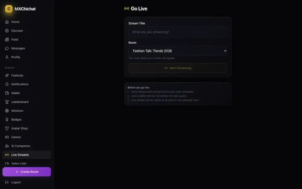 ChillChat go-live form with stream title, room selection, and audience notice