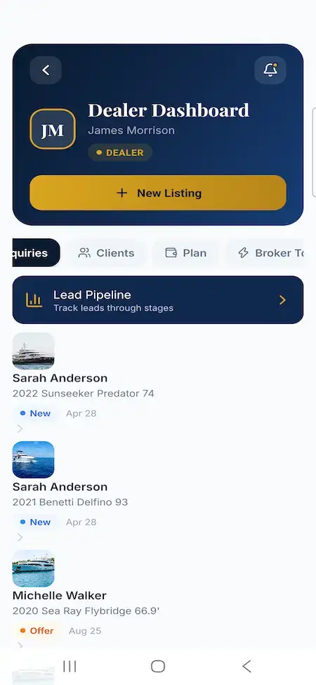 White Label Yacht Marketplace 41 YachtWorld clone dealer mobile inquiry list showing buyers, vessels and lead status