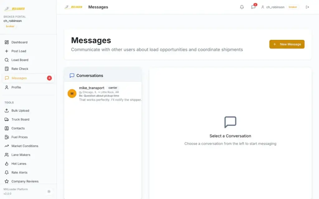 White Label Load Board Software 68 DAT load board broker messaging screen with conversations and new-message control