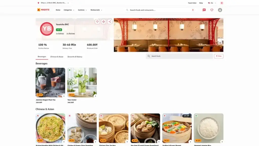 ChowNow Clone 56 UberEats Clone Desktop Restaurant Details showing restaurant banner, reviews, delivery details, categories and menu cards