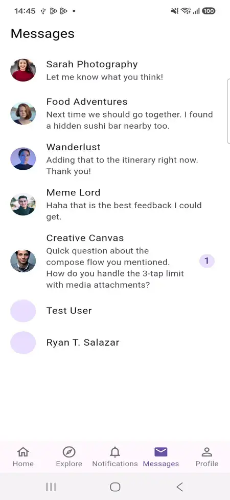 X Clone 21 Twitter Clone Mobile Messages showing direct-message conversation list with contacts and recent message previews