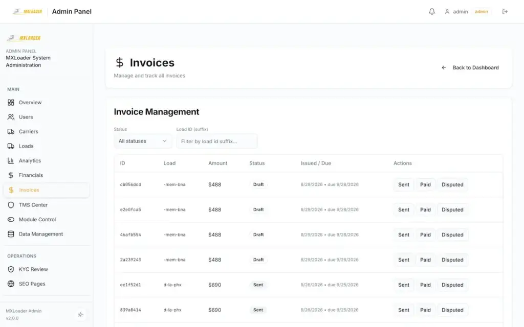 White Label Load Board Software 47 DAT load board admin invoices table with invoice numbers, amounts, dates, status, and disputes
