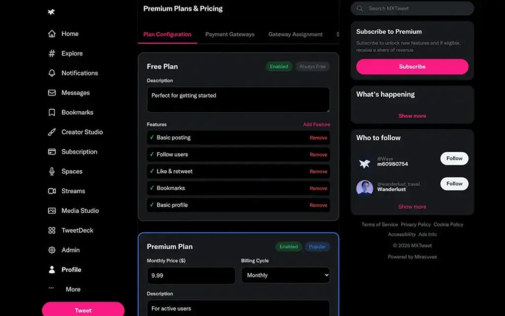 X Clone 26 Twitter Clone Premium Plan Management showing free and premium plan features, billing cycle and payment settings