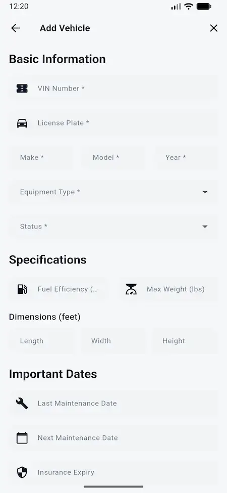 White Label Load Board Software 30 DAT load board carrier mobile vehicle form with specifications and compliance dates