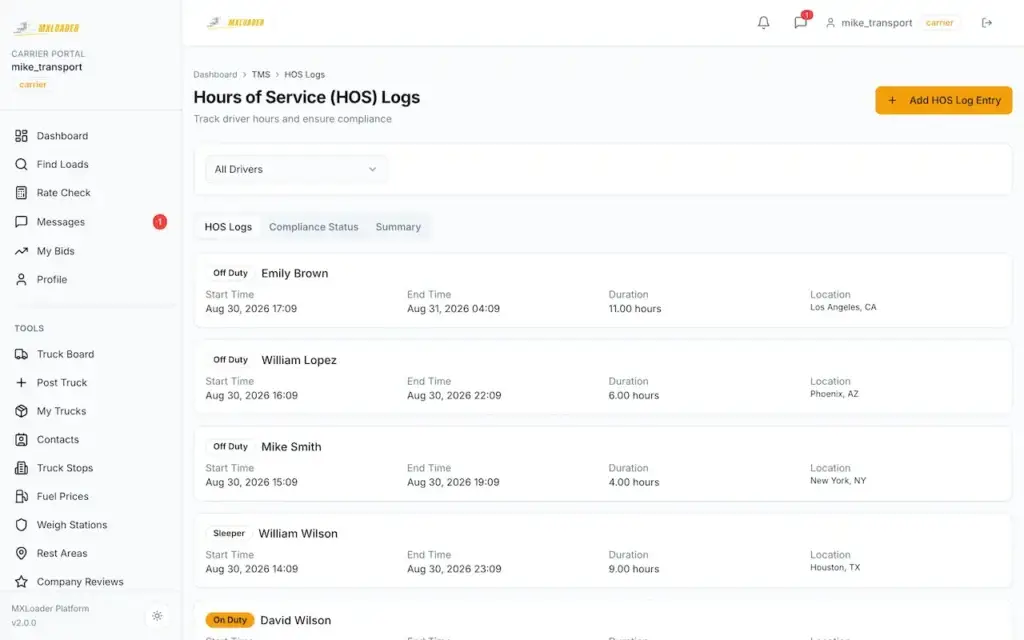 White Label Load Board Software 61 DAT load board carrier HOS logs with driver duty status, time, duration, and location