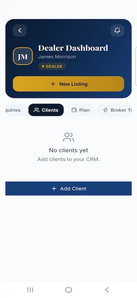White Label Yacht Marketplace 40 YachtWorld clone dealer mobile client management empty state with an add client action