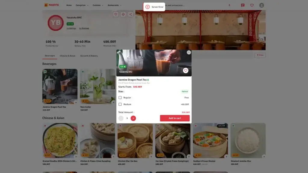 ChowNow Clone 55 UberEats Clone Desktop Food Item Details showing dish image, description, variation choices, add-ons and add-to-cart action