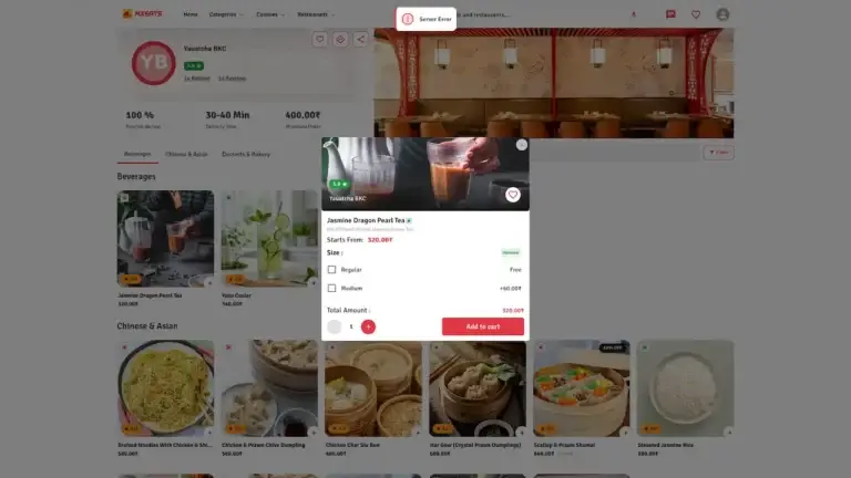 White Label Food Delivery App 80 Desktop Food Item Details showing dish image, description, variation choices, add-ons and add-to-cart action