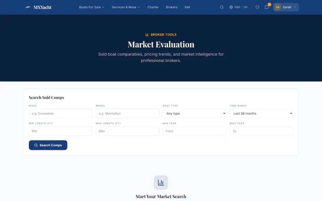 White Label Yacht Marketplace 51 YachtWorld clone market evaluation screen with sold comparable vessel search form