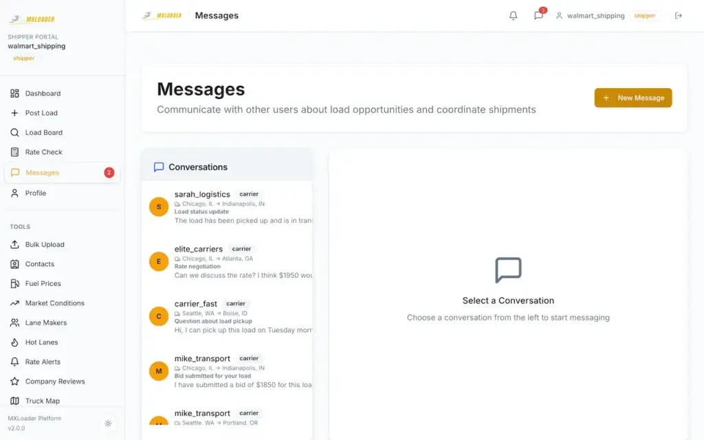 White Label Load Board Software 54 DAT load board shipper messaging interface with carrier conversations