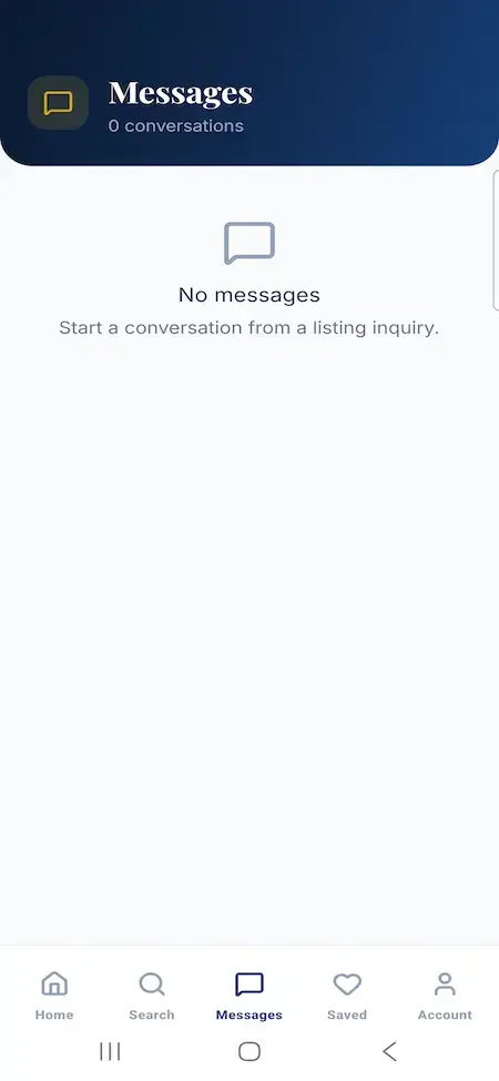 White Label Yacht Marketplace 19 YachtWorld clone buyer mobile messages empty state for dealer and broker conversations