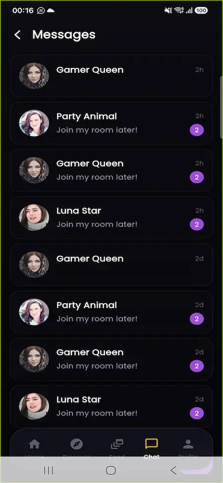 ChillChat mobile conversations list with member names and unread indicators