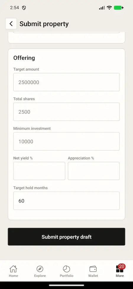 White Label Real Estate Crowdfunding Platform 35 05 offering fields