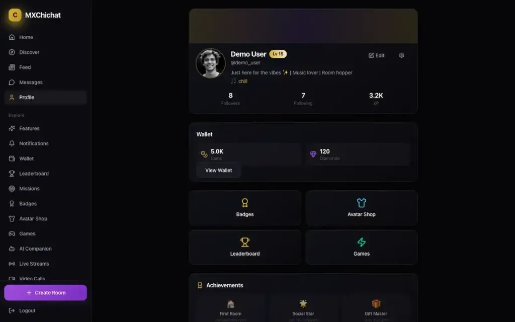 ChillChat member profile with followers, wallet balance, badges, gifts, and achievements