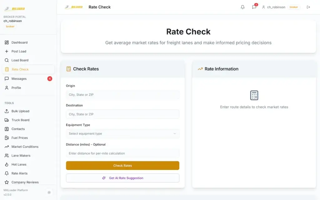 White Label Load Board Software 67 DAT load board rate-check form for origin, destination, equipment, and market-rate analysis