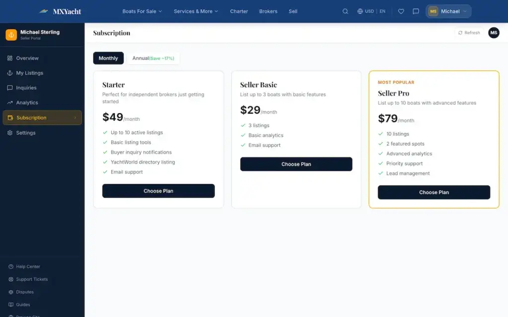 White Label Yacht Marketplace 57 YachtWorld clone seller pricing page with Starter, Seller Basic and Seller Pro plans