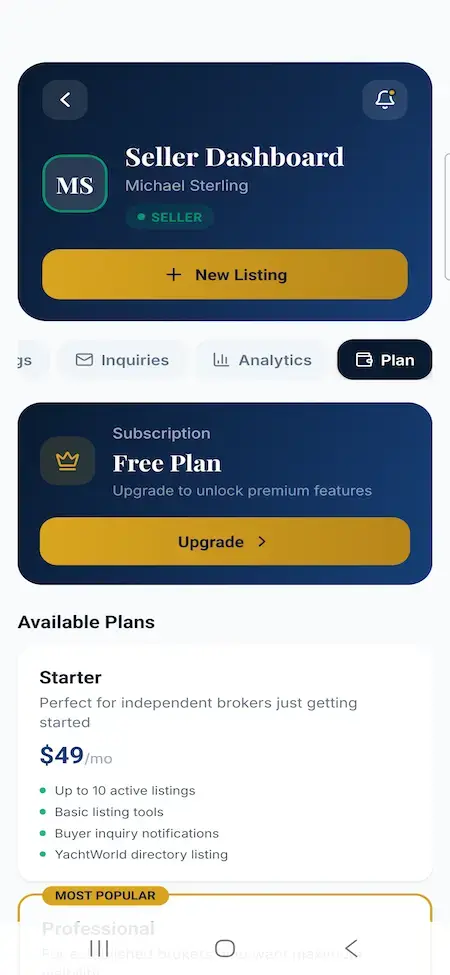 White Label Yacht Marketplace 29 YachtWorld clone seller mobile subscription screen with pricing plans and benefits