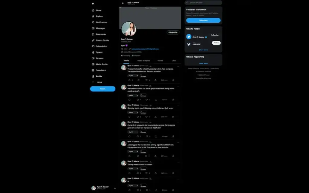 X Clone 34 Twitter Clone Desktop User Profile showing profile header, biography, follower totals and a timeline of user posts