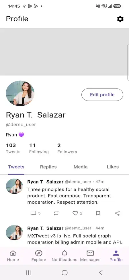 X Clone 20 Twitter Clone Mobile User Profile showing profile photo, biography, follower totals and tabs for posts, replies, media and likes