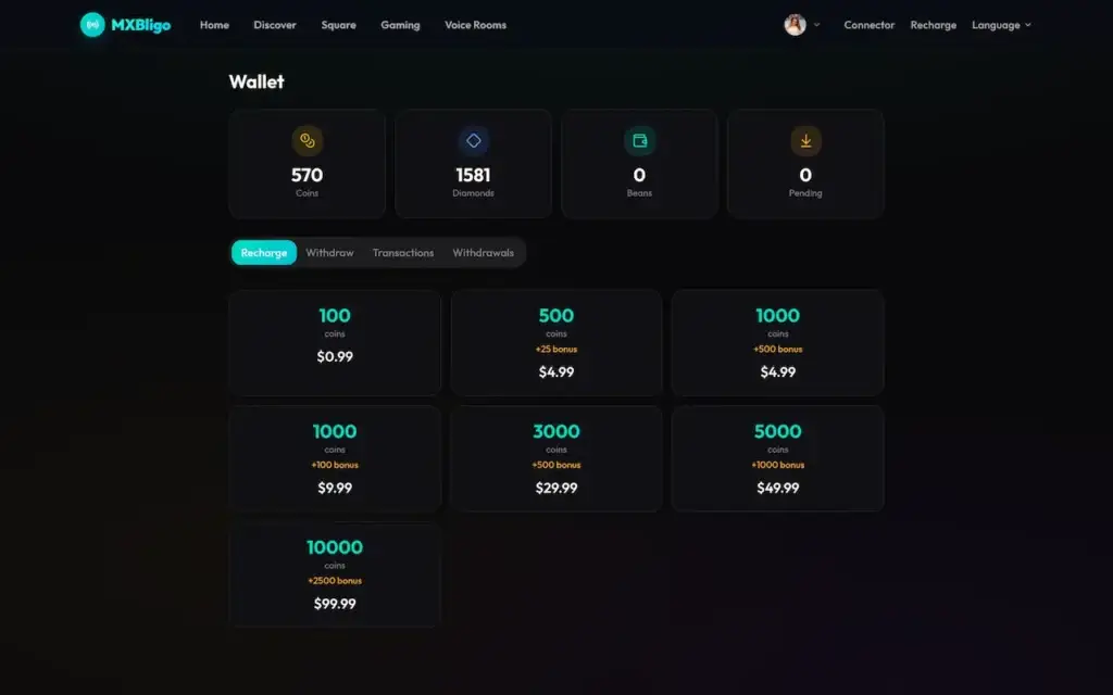 White Label Live Streaming App 26 Bigo Live clone wallet with coin balance, diamonds, earnings, withdrawals, and coin packages
