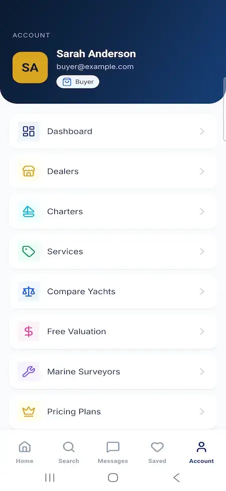 White Label Yacht Marketplace 18 YachtWorld clone buyer mobile account menu with dashboard, dealers, charters, comparison and valuation services