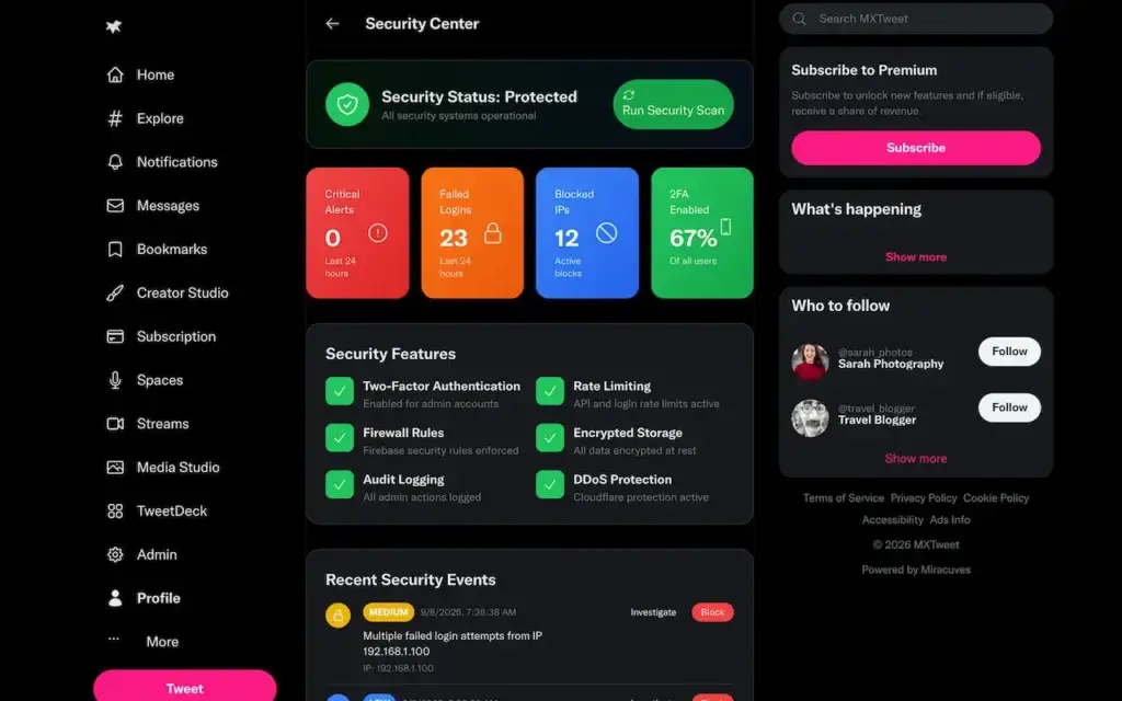 X Clone 25 Twitter Clone Security Center showing security status, threat totals, blocked activity, authentication and audit protections