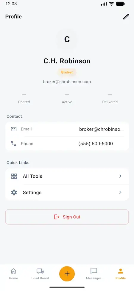 White Label Load Board Software 39 DAT load board broker profile with company, contact, load, and settings information