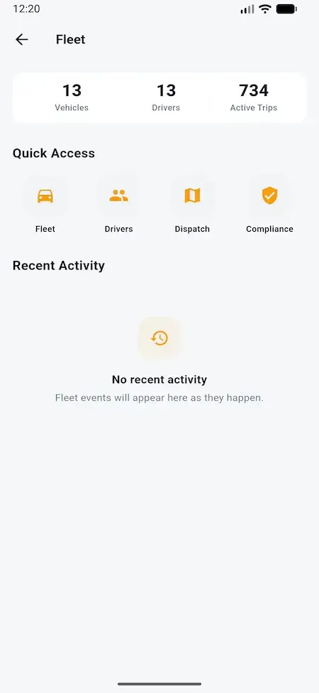 White Label Load Board Software 29 DAT load board carrier mobile fleet overview with vehicles, drivers, active units, and quick actions