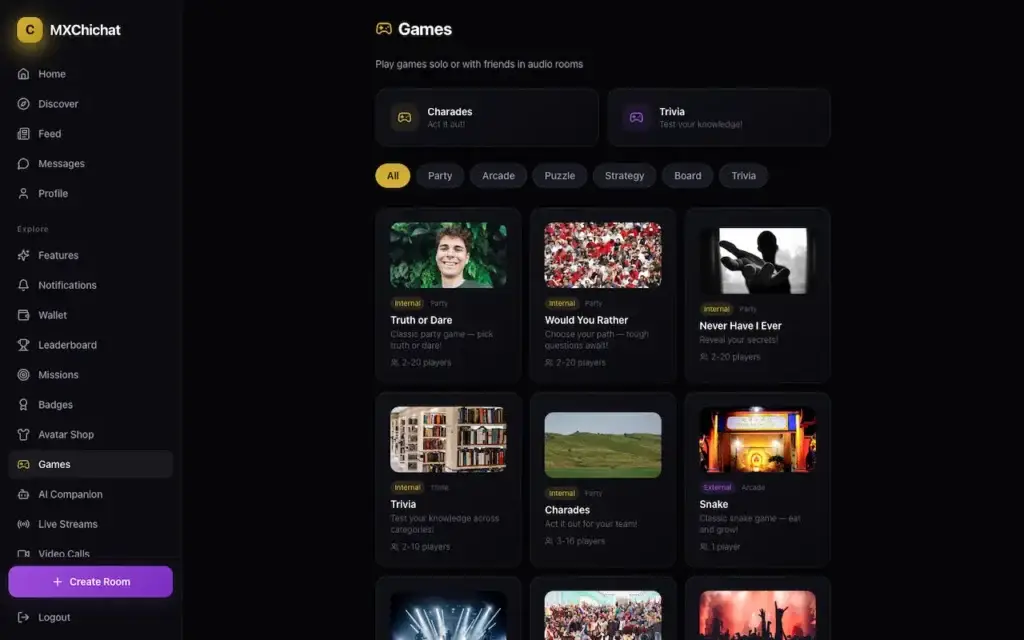 ChillChat games page with category filters and multiplayer room cards