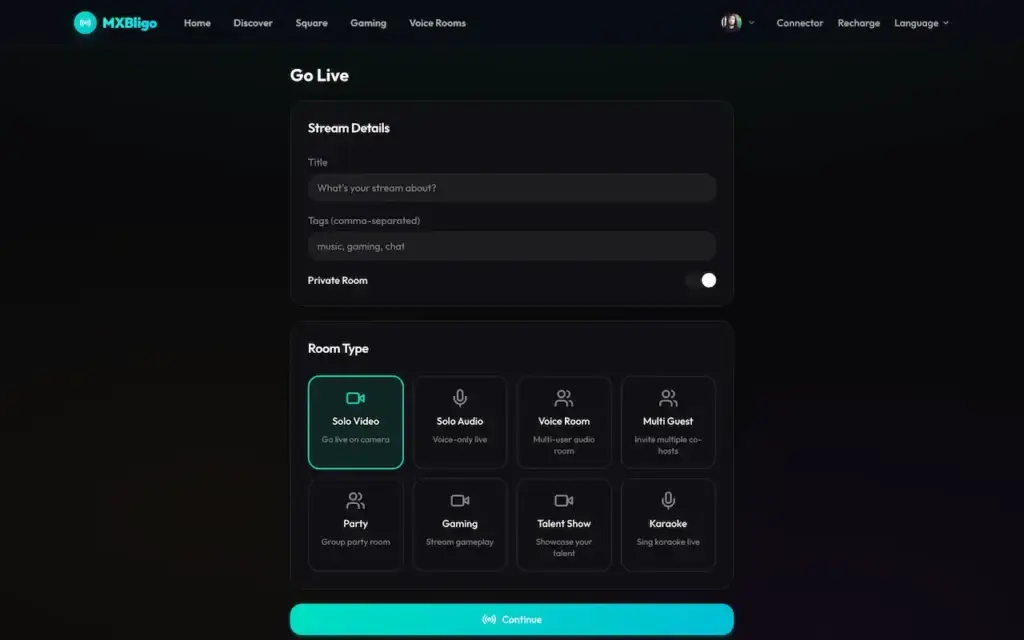 White Label Live Streaming App 25 Bigo Live clone go-live setup with stream details, room type, privacy, and audience controls