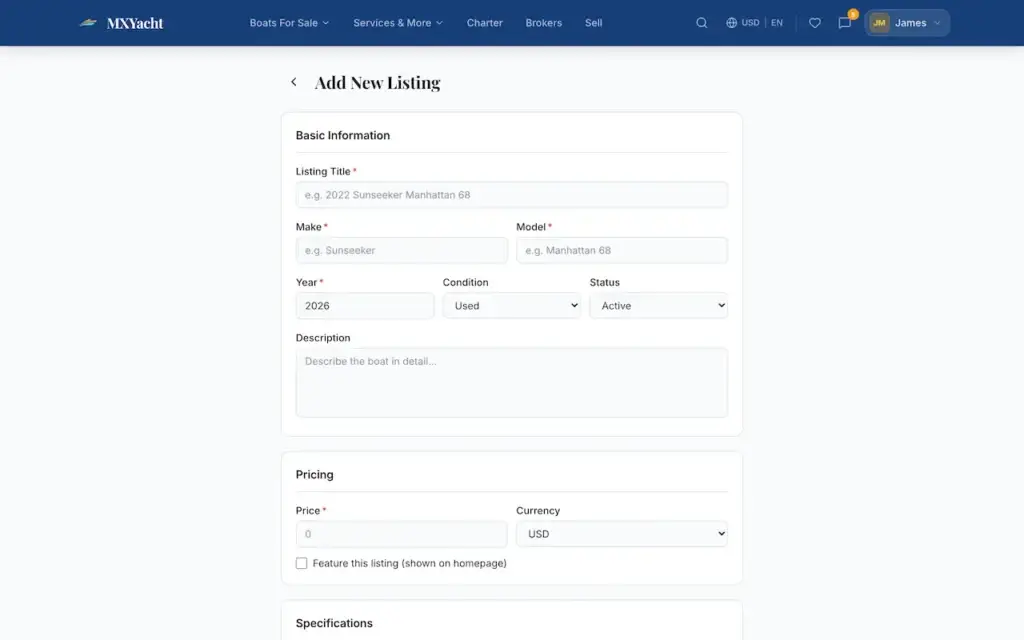 White Label Yacht Marketplace 62 YachtWorld clone dealer form for adding boat specifications, photos and pricing