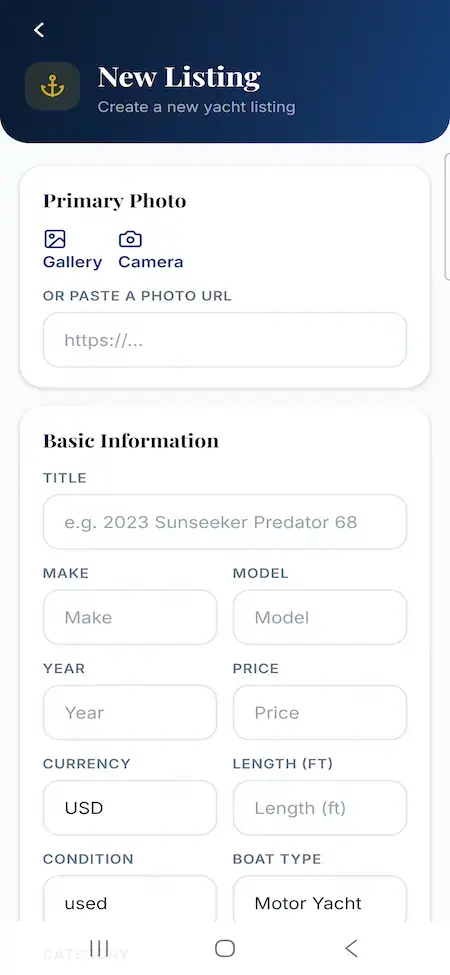 White Label Yacht Marketplace 28 YachtWorld clone seller mobile form for yacht photos, specifications, condition and price