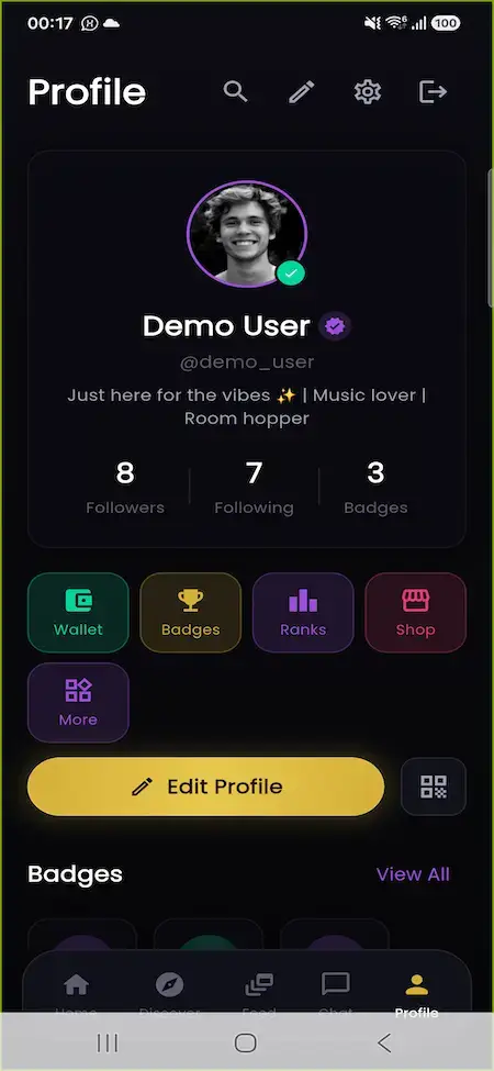 ChillChat mobile profile with followers, wallet, gifts, badges, games, and edit controls