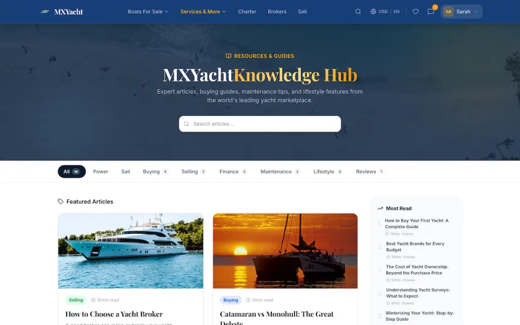 White Label Yacht Marketplace 50 YachtWorld clone yacht knowledge hub with article search, categories and boating resources