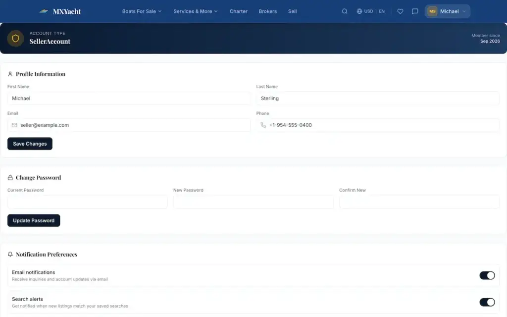 White Label Yacht Marketplace 56 YachtWorld clone seller settings for profile, password and notification preferences