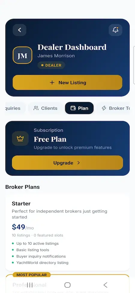 White Label Yacht Marketplace 39 YachtWorld clone dealer mobile pricing screen displaying subscription plans and benefits
