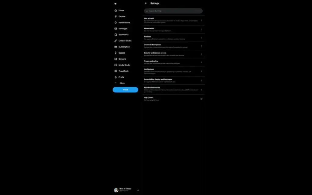 X Clone 35 Twitter Clone Desktop Settings showing account and preference categories within the dark desktop interface