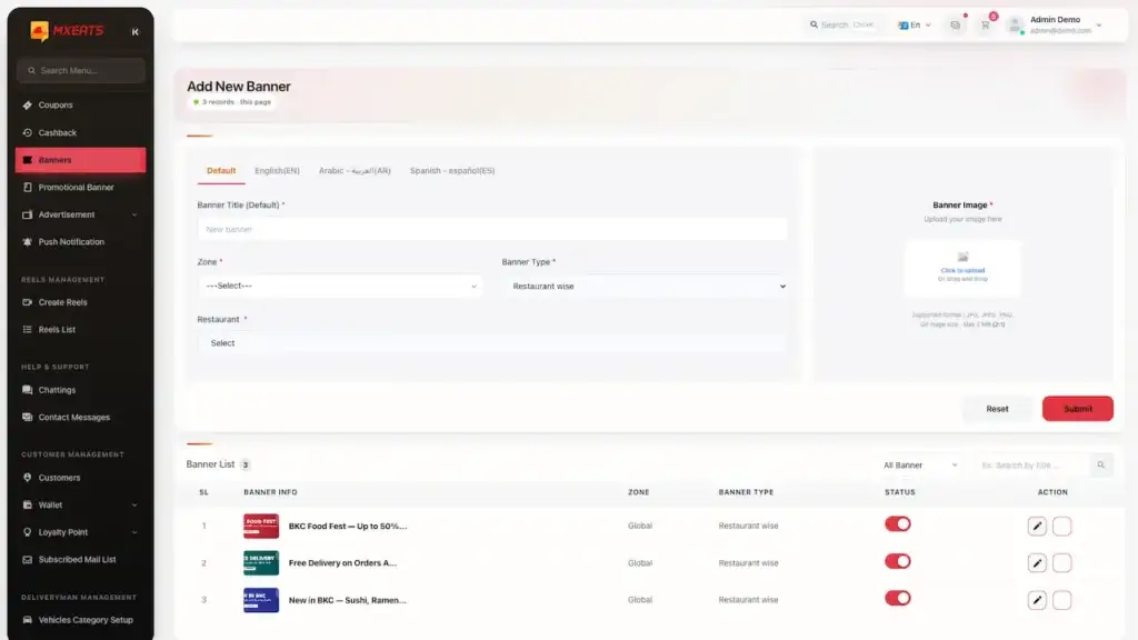 ChowNow Clone 45 UberEats Clone Admin Banner Management showing banner creation fields, image upload, scheduling and existing promotional banners