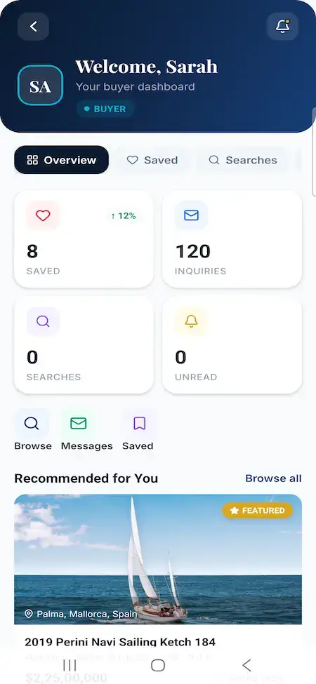 White Label Yacht Marketplace 17 YachtWorld clone buyer mobile dashboard showing saved yachts, searches, unread messages and recommendations