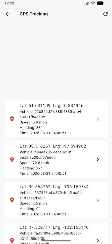 Load board carrier mobile GPS tracking list with coordinates, speed, heading, and timestamps