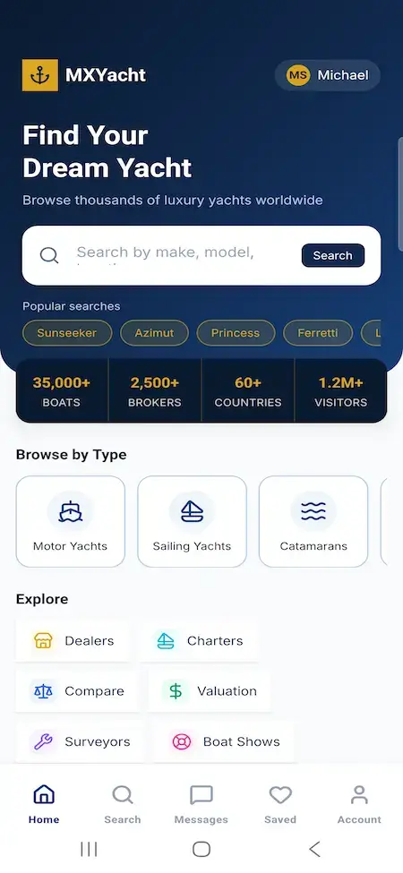 White Label Yacht Marketplace 27 YachtWorld clone seller mobile marketplace home with yacht search and vessel categories