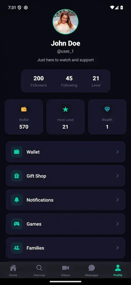 White Label Live Streaming App 18 Bigo Live clone creator profile with followers, posts, wallet, live tools, gifts, and notifications