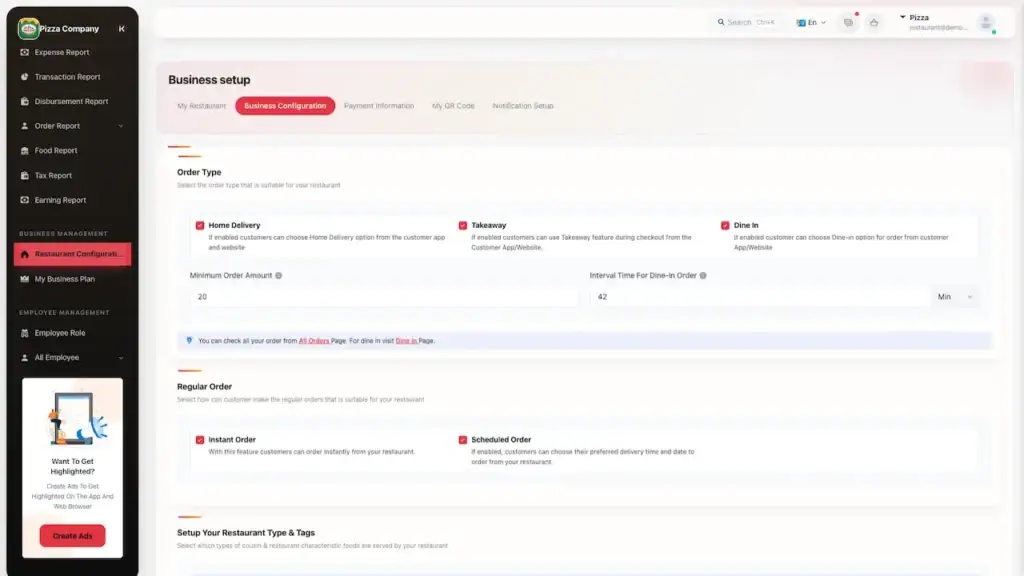 ChowNow Clone 61 UberEats Clone Restaurant Desktop Settings showing order types, delivery options, preparation time and service configuration